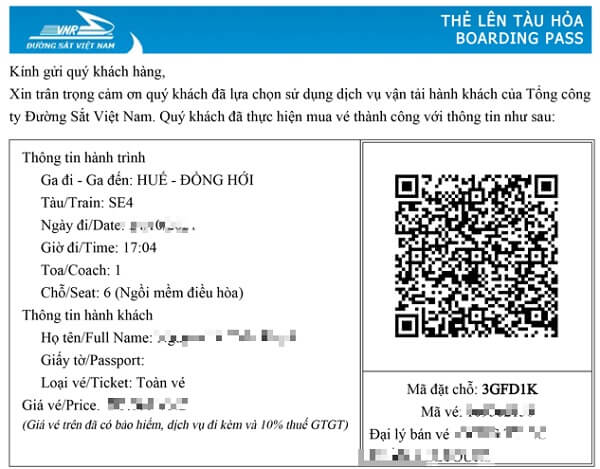 Exemple un ticket train de la ligne Hue Dong Hoi